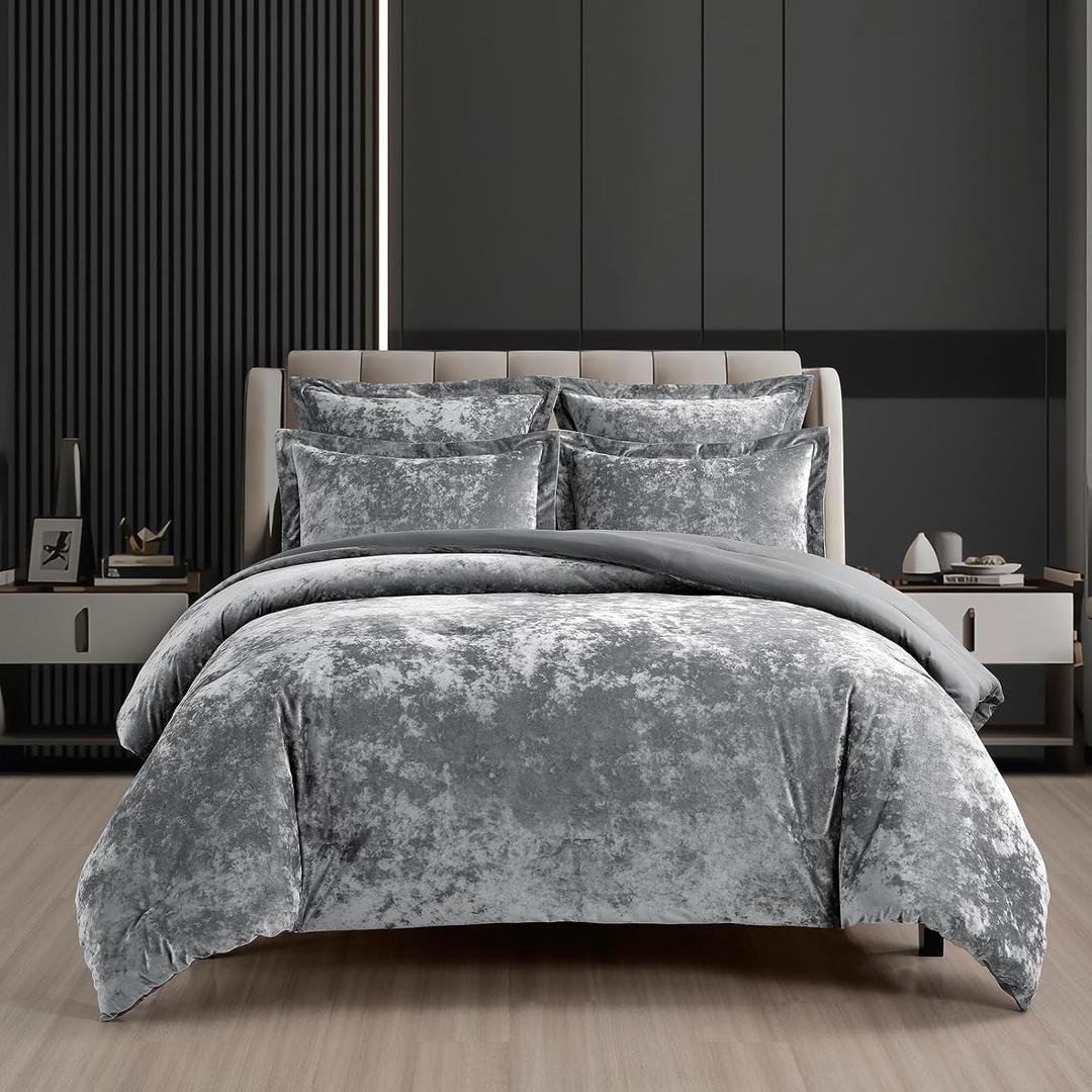 Fredsure Distressed Velvet Comforter Set, 5 Pieces Dark Grey Queen, Distressed Velvet Face and Brushed Microfiber Reverse
