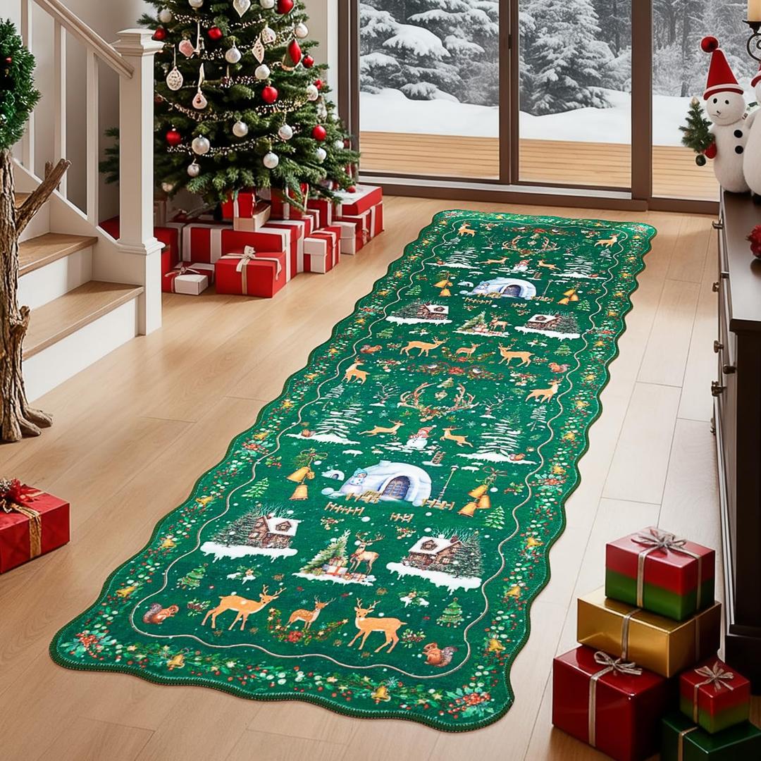 Christmas Runner Rug for Kitchen, Scalloped 2x6 Washable Holiday Area Rugs for Hallway Bathroom Bedroom, Soft Non-Slip Long Cute Floor Mat, Winter Snow Xmas Home Decor Carpet, Green