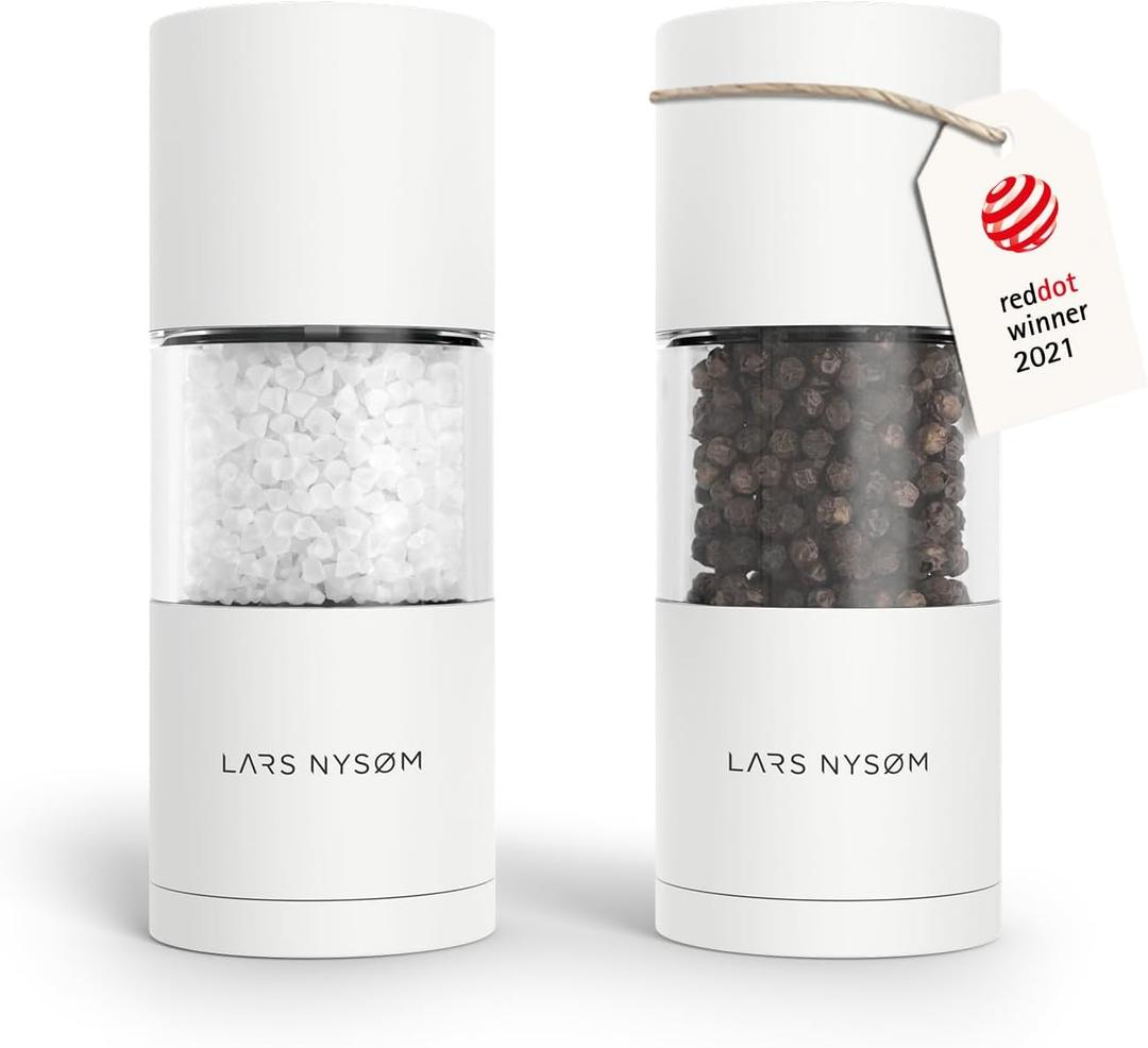 LARS NYSM Salt and Pepper Grinder Set I Salt and Pepper Mills with Adjustable Ceramic Grinder 2 pieces I Manual Design Spice Mill Set (Pure White)