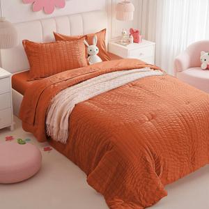 Zzlpp Twin Comforter Set 5 Pieces, Burnt Orange Seersucker Bed in a Bag with Comforter and Sheets, Lightweight Bedding Sets with 1 Comforter, 1 Pillow Sham, 1 Pillowcase, 1 Flat Sheet, 1 Fitted Sheet Burnt Orange, Twin