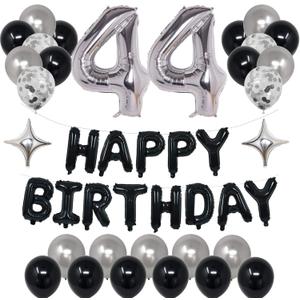 44th Black & Silver Birthday Party Decorations for 44, Happy Birthday Banner, Number Balloons