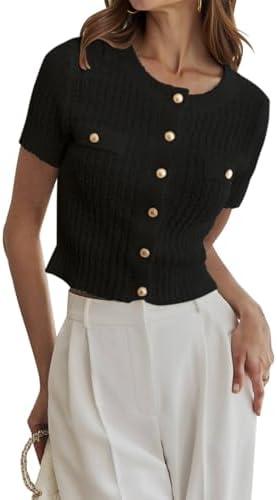 LUXVEER Women Summer Cropped Sweater Cardigan 2025 Short Sleeve Button Down Shirts Dressy Casual Knit Sweater Tops XL
