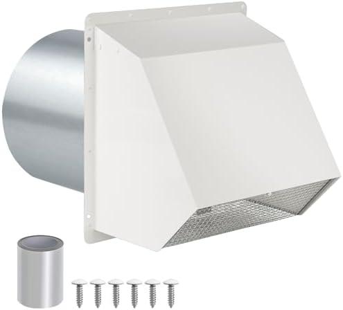 8 Inch Hooded Wall Vent with Screen and Damper, Wall Exhaust Vent Cover Cap for Exterior Ventilation and Outdoor Air Exhaust Kitchen Range Hood Dryer, Galvanized Steel, White
