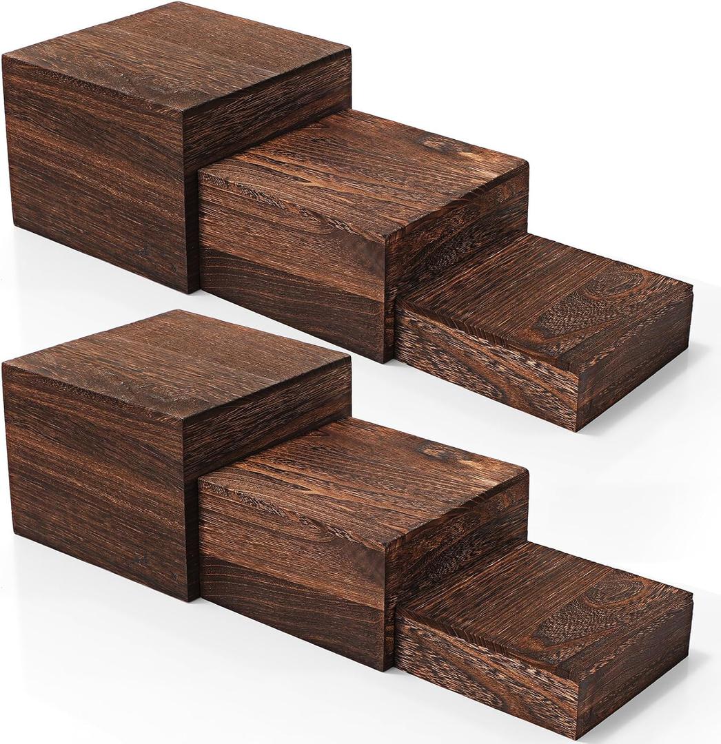Barydat 6 Pcs Wood Display Risers Rustic Cupcake Stand Food Risers for Buffet Table Wooden Stackable Display Stand Box for Catering Dessert Collectibles Jewelry Figures Show(Burnt Wood Color)