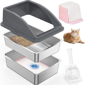 Stainless Steel Litter Box for Pine Pellet Cat Litter Non Clumping Litter System | XXL Sifting Cat Litter Box with Lid for Big Cats | High Sided, Anti-Urine Leakage | Non-Stick Bottom (Dark Gray)