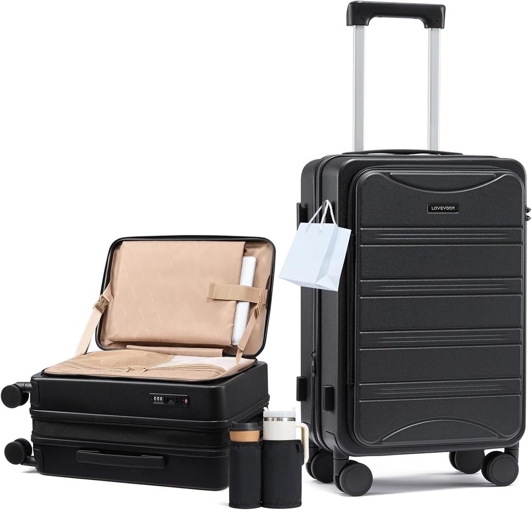LOVEVOOK Carry On Luggage 20 Inch, Airline Approved Expandable Hard Shell Suitcase with Spinner Wheels, TSA Lock & Cup Holder, Fits Most Overhead Bins