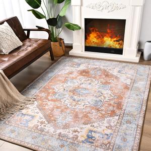 ST. BRIDGE Soft Area Rug 4x6, Washable Vintage Rug for Bedroom Living Room, Non-Slip Low Pile Colorful Accent Rug, Indoor Floor Carpet for Dining Room Office Playroom Nursery Home Decor, Brick/Blue