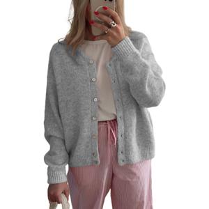 Women's Long Sleeve Front Button Y2k Cardigan Sweaters Crew Neck Loose 2025 Fall Tops (Large, Gray)