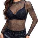 Avidlove Women's Sexy Fishnet Mesh Long Sleeve Tops Mock Neck Sheer Lace See-Through Blouse Bodycon Clubwear Party Tops