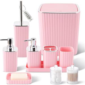 Pink Bathroom Accessories Set - Gorgeous Bathroom Set, 10PC Bathroom Accessory Set, Toilet Brush, Trash Can, Qtip Holder & Soap Dispenser