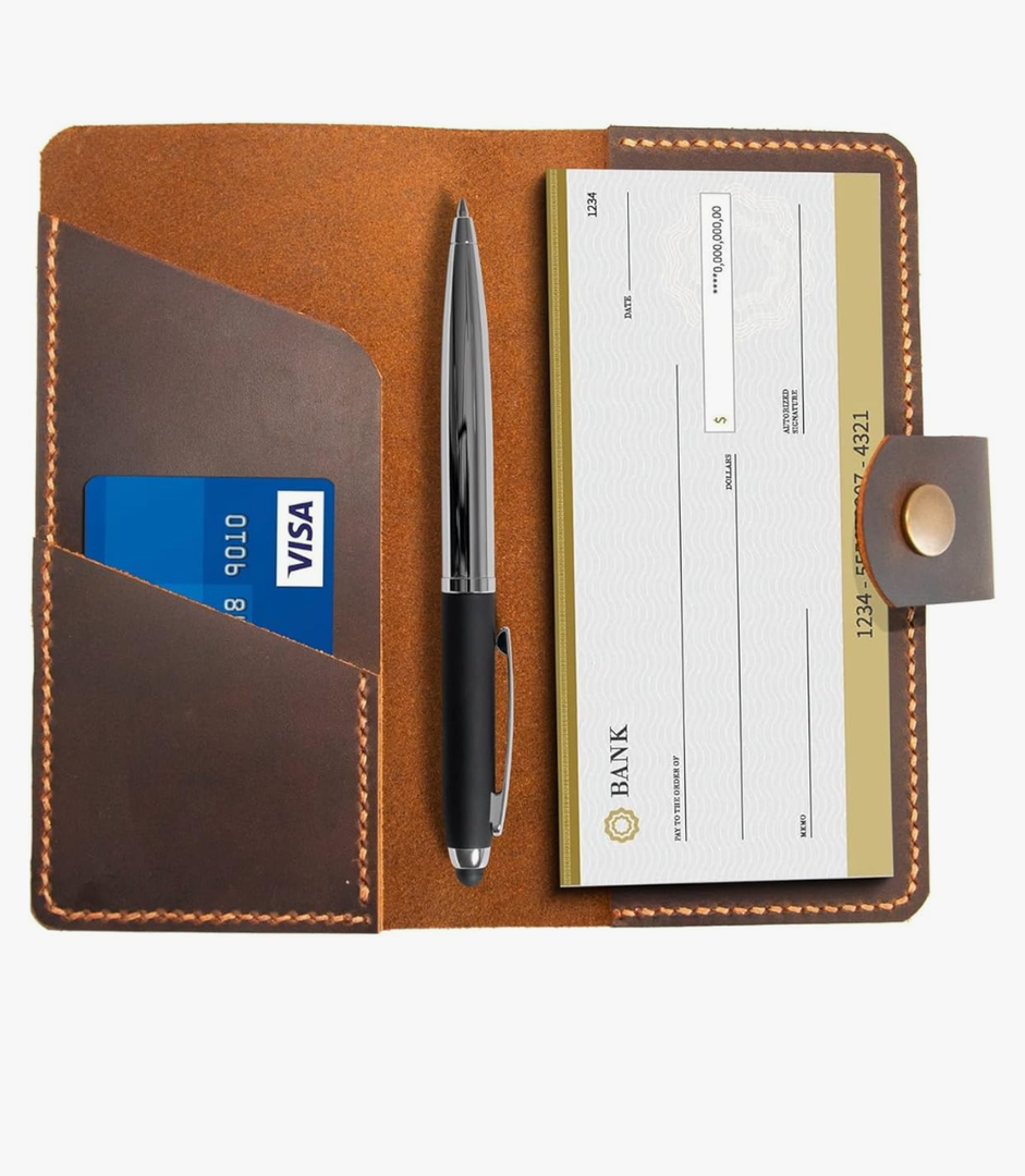 Leather checkbook holder, Checkbook cover handmade, For Women and Men, Christmas gifts (Brown)