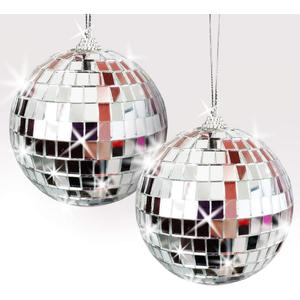 ArtCreativity 4 Inch Mirror Disco Ball, Set of 2, Silver Disco Balls with Hanging String for Parties, Birthdays, & Weddings, 90s Disco Party Decorations & Supplies, Ceiling Dcor Disco Accessories