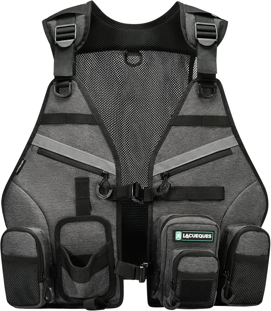 LACUEQUES Professional Adjustable Fly Fishing Vest for Men and Women – 10+ Pockets, Back Mesh Panel, Rod Holders, Reflective Strips, Hook & Float Storage, Grey - Pack of 2