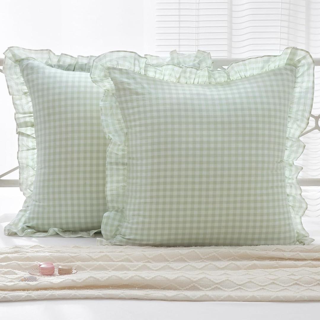 K MASANIJI 2 Pack Pile Green White Plaid Ruffle Gingham Euro Shams Pillow Covers, 100% Washed Cotton Checkered Farmhouse Pillowcases for Bed/Sofa Envelope Closure - 26''x26''