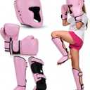 Arrowbash 5 Pcs Boxing Guards Set for Kids with Sparring Headgear, 6oz Boxing Gloves and Leg Shin Guards Wrestling Headgear for Youths Teens Boys Girls Kickboxing Karate Muay Thai BJJ Training (Pink)