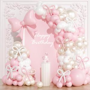 Coquette Birthday Decorations, 149 Pcs Pink and Pearl White Balloon Garland Arch Kit and Pink Bow for Girls Baby Shower Bridal Bachelorette Party Baby Shower