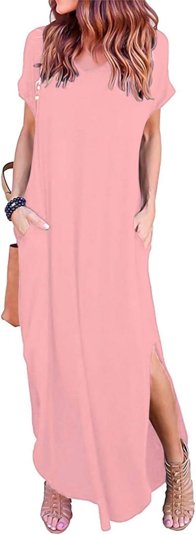HUSKARY Women's Summer Maxi Dress Casual Loose Pockets Long Dress Short Sleeve Split Maxi Dresses (Pink 01)