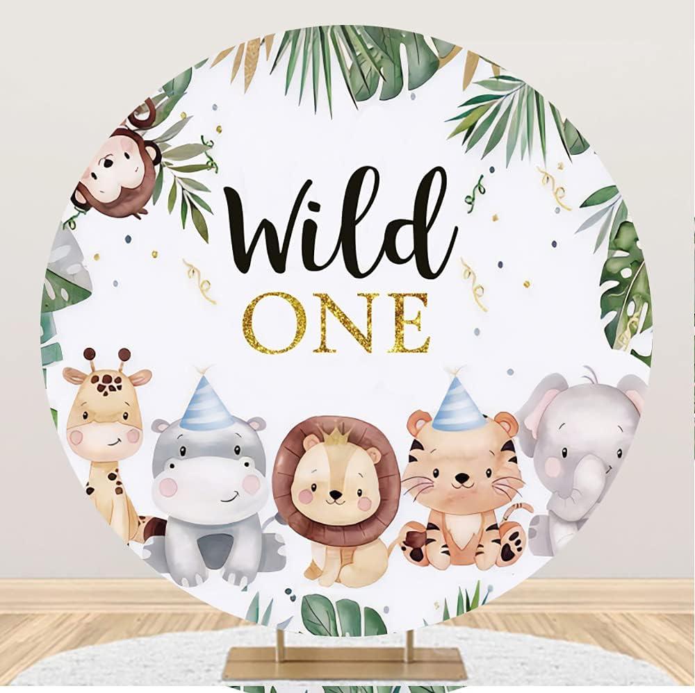 Wild One Round Backdrop Cover 7.2 ft, Wild Animal Jungle Circle Backdrop Stand Cover Safari Animal Round Tropical Backdrop Photography for Birthday Party Baby Shower Polyester Fabric