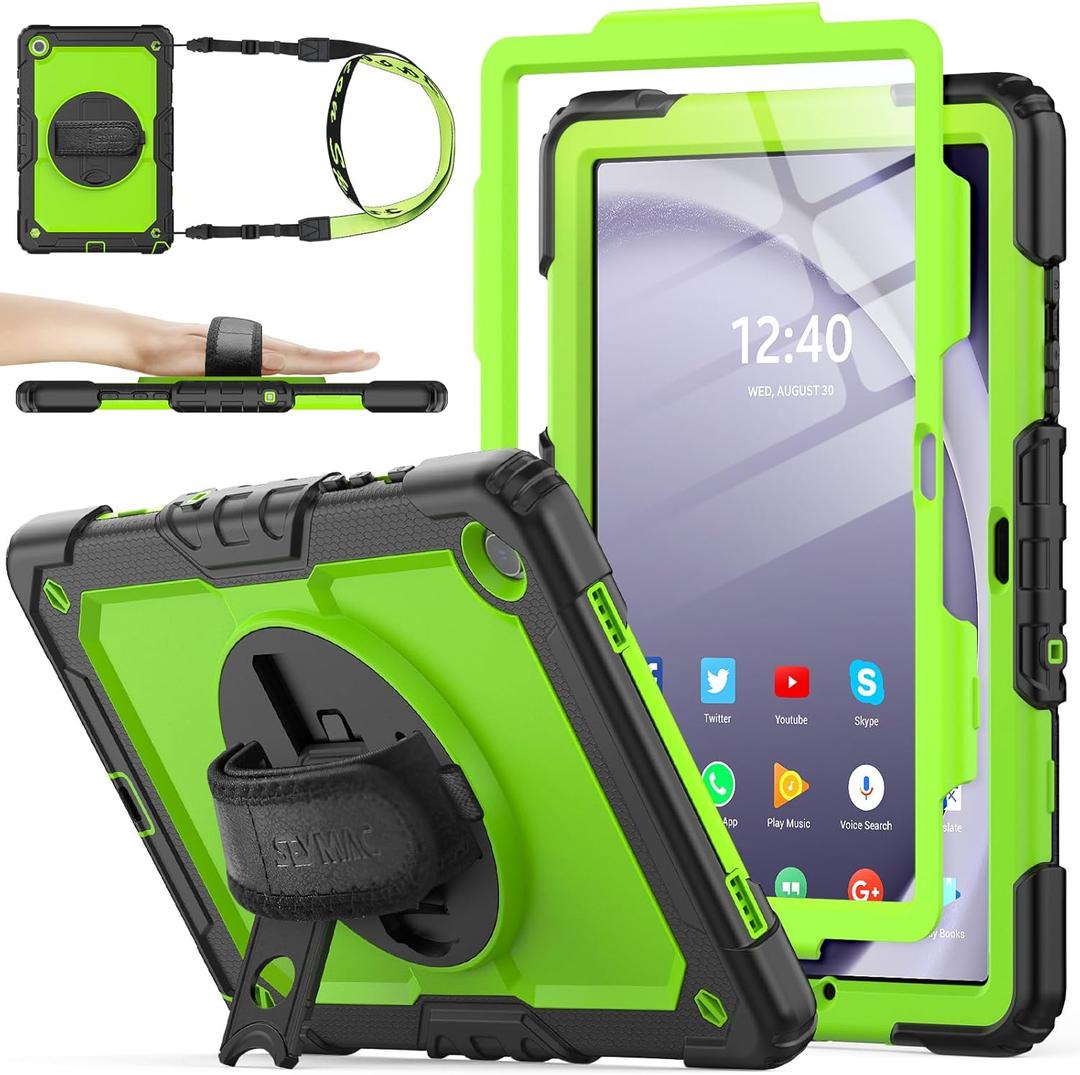 SEYMAC stock Case for Samsung Galaxy Tab A9+ Plus 11'', Full-Body Drop Protection Case with Screen Protector Pencil Holder [360 Rotating Hand Strap] & Stand, Green+Black