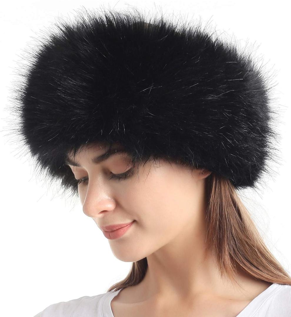 sy soul young Faux Fur Headband with Elastic for Women's Winter Earwarmer Earmuff (Black)