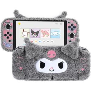 Kuitmor Plush Protective Case for Switch OLED, PC Hard Protective Shell Cover, Anti-Scratch and Shock-Absorption Switch OLED Cover with Stand