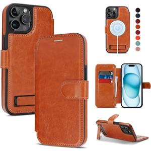 for iPhone 13 Pro Wallet Case with Stand,PU Leather Flip Credit Card Holder Slots (RFID Blocking),Compatible with Magsafe Magnetic Holder Phone Cover Women Men,Brown