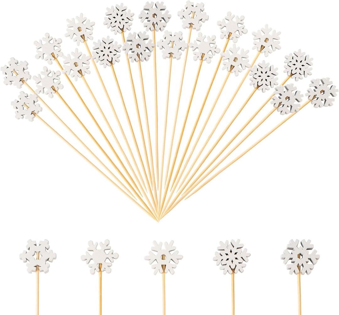 Jiesky 240 Pcs 5in Christmas Snowflake Cocktail Picks,5 Kind of Bamboo Cocktail Toothpicks Fruit Food Appetizer Charcuterie Skewers Dessert Dinner for Christmas Party Decorations