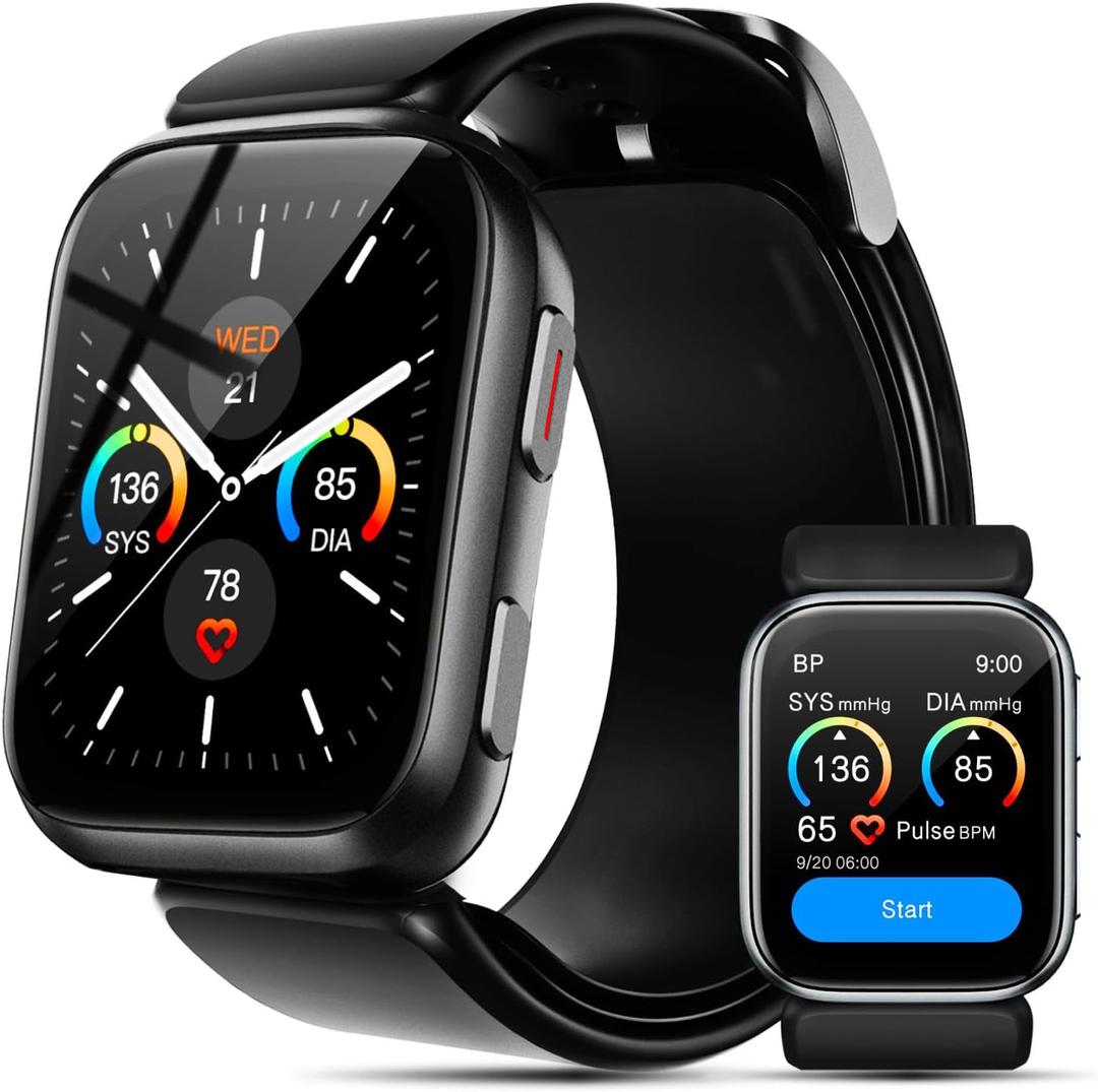 Smart Watch Blood Pressure, 1.95'' Blood Pressure Monitor Watch with Air Pump Cuff, Blood Pressure Watch for Sleep and Sports Tracking for Android iOS Supports Reminder Monitoring, Data Sharing etc (Dark Black)