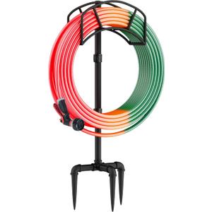 LANDVOI Hose Holder, Garden Hose Holder Freestanding, Metal Heavy Duty Water Hose Holder Holds 150 Feet Hose, Detachable Hose Storage Hanger for Outside with 3 Spikes, for Lawn Yard, Black GHH01BK01