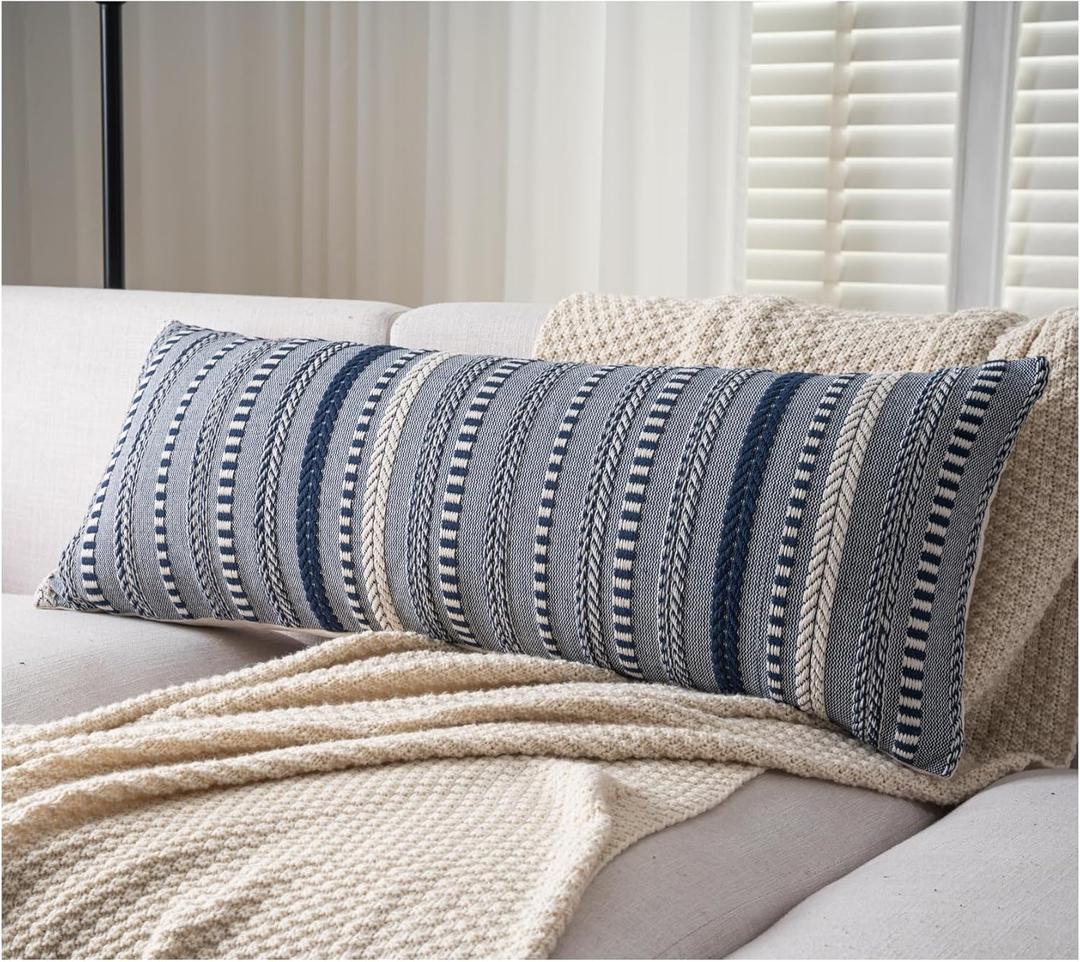 Cethom Boho Lumbar Pillow Covers 14x36 Long, Farmhouse Decorative Couch Pillow Cases, Navy Blue Accent Pillows of Bed, Sofa Bedroom Living Room Home Decor Cushion Cover, Pack of 1