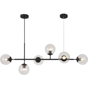 KCO Lighting 6-Light Clear Glass Globe Pendant Light Mid Century Modern Rectangular Sputnik Chandelier Vintage Black Linear Kitchen Island Pendant Lighting Dining Room (Black+Clear)