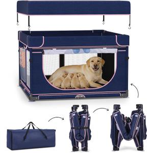LOOBANI Foldable Whelping Box for Dogs and Puppies: 1 Min Setup Pet Puppy Playpen Indoor with Cover & Waterproof Bottom, Portable Birthing Box for Dog Cat Duck-43.3"x43.3"x27.1"Patented (Blue+Pink)
