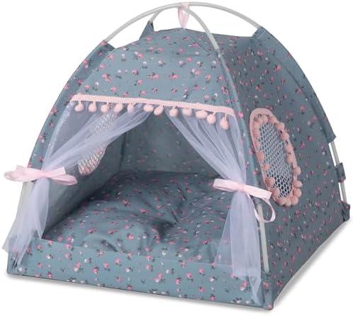 Gigreinc Cat Princess Indoor Tent House,Pet Dog Cute Floral Cave Nest Bed,PortableDogTents(M:38x38x36cm/15x15x14inch, Roses Gray)