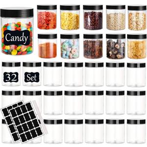 Plastic Jars with Lids Empty Slime Cosmetics Containers Clear Gift Food Jars Round PET Cream Jar with Black Lids Pen Labels for Kitchen Storage Spices Dry Food Body Butter Making(8OZ 32PCS)