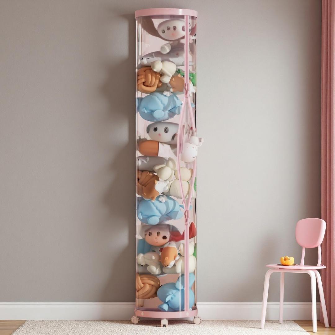 Upgraded Stuffed Animal Storage Tube, 59" Tall (150cm) Plush Organizer with 4 Wheels, PET Clear Bucket & Double Zipper, Space-Saving Toy Storage for Kids Room, Tidy Zoo Bin for Stuffed Animals (Pink)