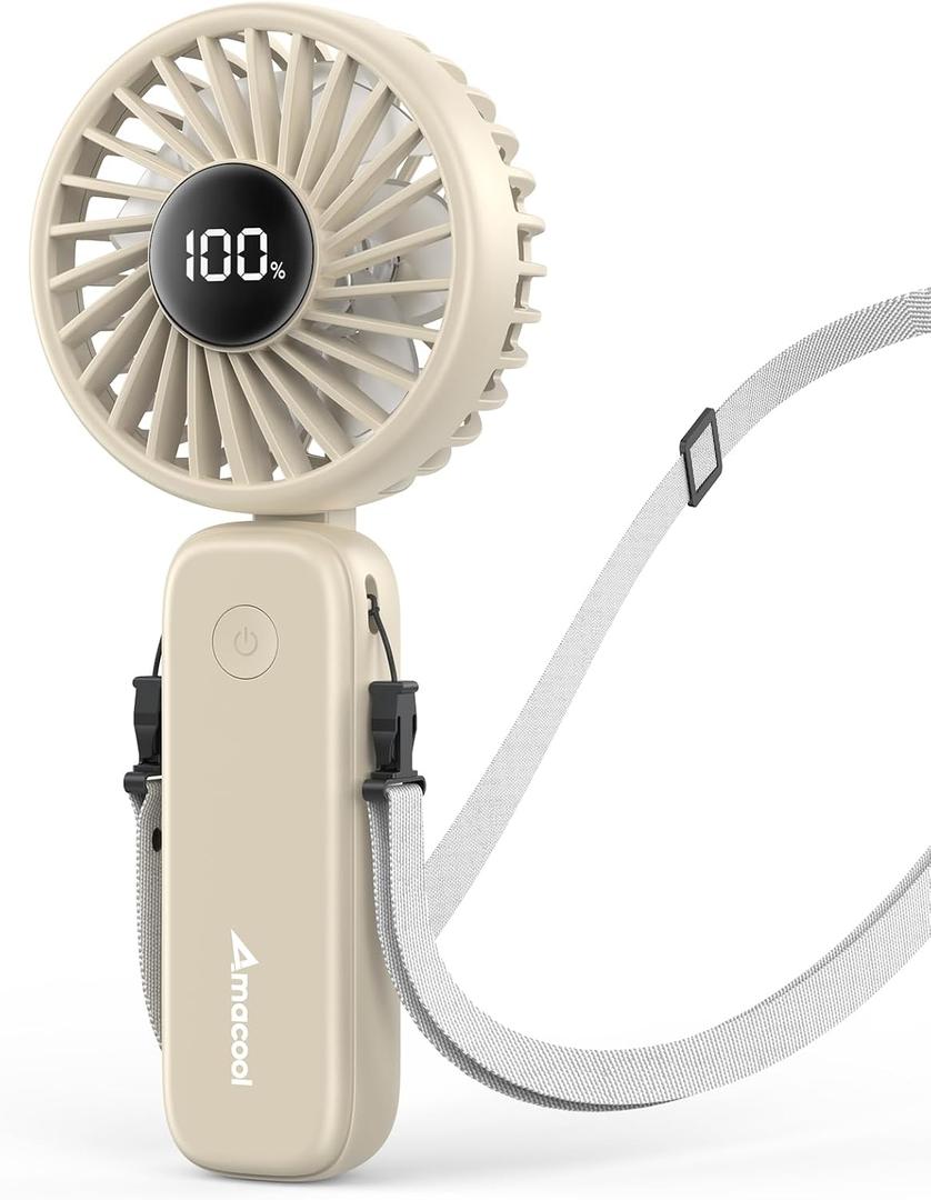 AMACOOL Handheld Fan Foldable, 5000mAh Rechargeable Hand Fans with Powerful Cooling, 4 Speeds, LED Display, Portable Fan for Travel,Concerts,Makeup,Lash,Outdoor Events,Gifts Women (Beige)