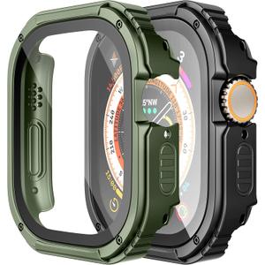 Adepoy 2 Pack Rugged Case Compatible for Apple Watch Ultra/Ultra2 49mm with Tempered Glass Screen Protector, Military All Around Hard TPU Protective Cover Case Shockproof Bumper for iWatch Men 49mm (Black/Army Green)