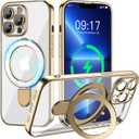 Magnetic for iPhone 13 Pro Case with Invisible Stand[Compatible with MagSafe][Full Camera Lens Protector][Military Drop Protection]Shockproof Not Yellowing Clear Slim Soft for Women Men, Gold