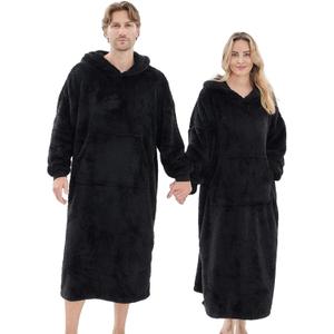 Wearable Blanket Hoodie for Women Men, Fleece Warm Comfy Hooded Sweatshirt with Pockets & Sleeves Cozy Gift for Adult (Oversize, Black)