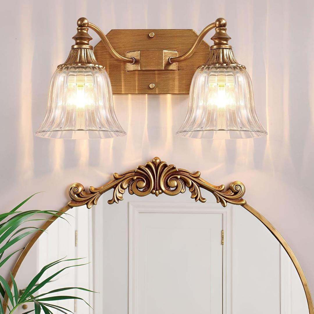 Gold Vintage Bathroom Light Fixtures, 2-Lights Bathroom Vanity Light, Antique Brushed Gold Lighting Fixtures Over Mirror with Crystal Glass Shade, Wall Sconce Lighting