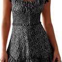 Valphsio Womens Smocked Dress Ruffle Floral Tie Front Boho Short Dresses (Small)