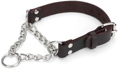 LOIIHEII Martingale Collar for Dogs No-Pull Adjustable Training Collar with Stainless Steel Chain - Genuine Leather Anti-Slip Design for Small,Medium,Large Breed Dogs - Brown (M)