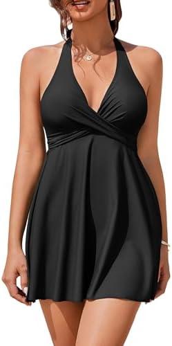 AI'MAGE One Piece Swim Dress 2025 Tummy Control Swimsuits for Women Cutout Halter Swimwear Modest Bathing Suits, Black, XL