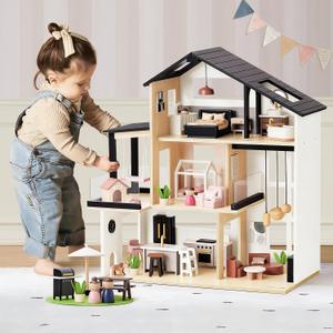 Tiny Land Doll House, Modern Family Dollhouse with Realistic Design, Wooden Dollhouse with 53Pcs Furniture - Ideal Gift for Kids Ages 3+, One Size