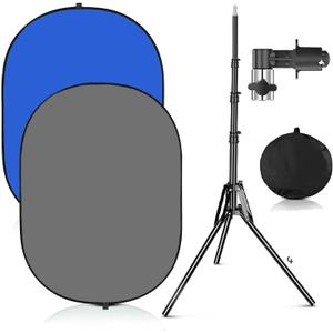 3.3x5ft/1x1.5m Chromakey Blue Grey Backdrop with 6.23ft Stand, 2-in-1 Blue Screen and Grey Screen Collapsible Reversible Pop-Up Background Panel for Photography, Live Streaming, Video Shooting