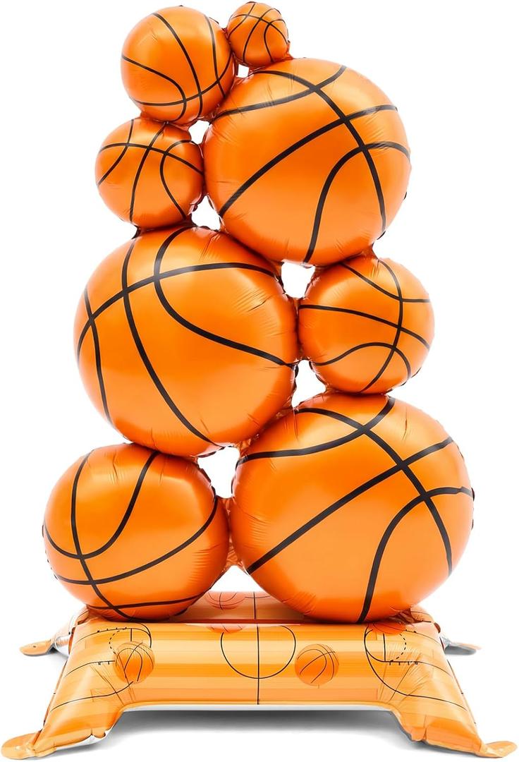 Soulchen 1 Pack Giant Self Standing Basketball Foil Balloons 3.5 ft with Field Base for Birthday Themed Party Decoration Sports Supplies Decor (Basketball Pile)