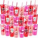 Chuangdi 24 Pcs Galentines Day Plastic Tumbler with Lids and Straws, 6 Designs 24 oz Reusable Valintine's Day Cups for Galentines Valintines Birthday Decorations Party Favors Supplies Gifts Bulk