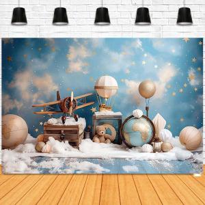 Vintage Airplane Scenery Photography for Boys First Birthday Party Backdrop Map Suitcases Travel Around The World Hot Air Balloon Decor Backdrop Travel Bear Baby Shower Background (A, 8x6 feet)