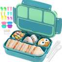 QQKO Bento Box for Kids Adults, School Toddler Lunch Box for Boys Girls, Lunch Box Containers with 4 Compartments, Sauce Container, Utensils, Food Picks and Muffin Cups for School, Green