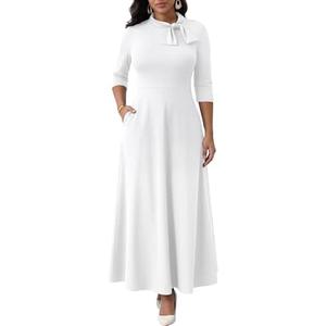 FANDEE Maxi Dress for Women Long Elegant 3/4 Sleeve Bow Tie Neck A Line Casual Party Church Dresses with Pockets, L